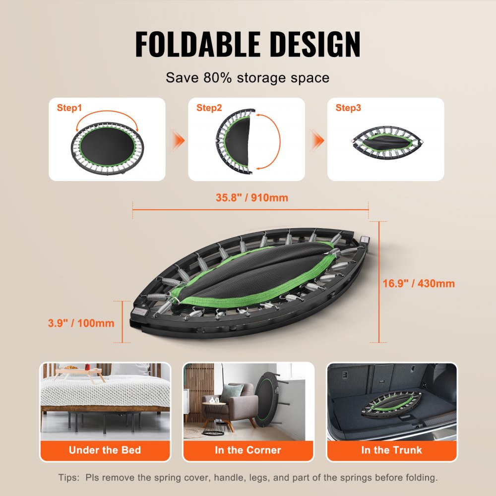 VEVOR Foldable Mini Trampoline, 52 Inch Fitness Rebounder, Max Load 450lbs Exercise Trampoline, Stable & Quiet Trampoline with 4 Level Height Adjustable Foam Handle, for Adults Indoor/Garden Workout