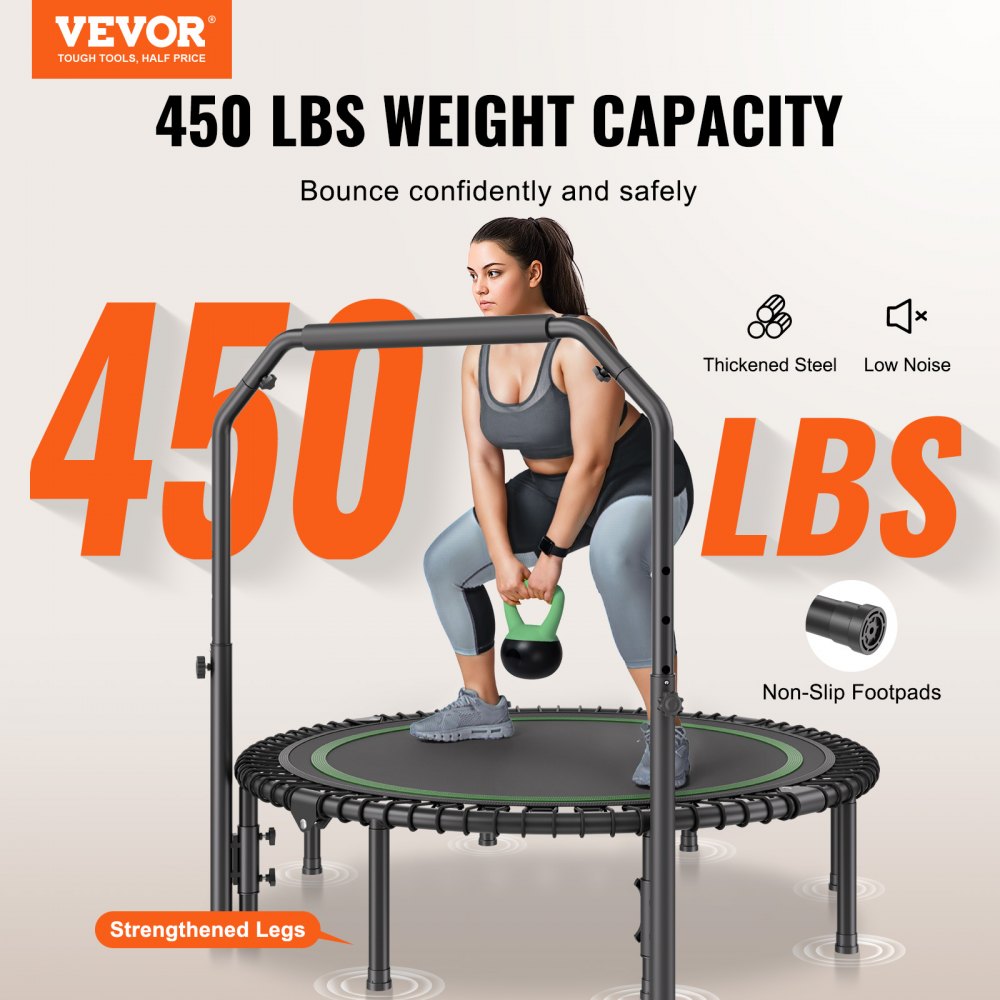 VEVOR Foldable Mini Trampoline, 51 Inch Fitness Rebounder, Max Load 450lbs Exercise Trampoline, Stable & Quiet Trampoline with 4 Level Height Adjustable Foam Handle, for Adults Indoor/Garden Workout