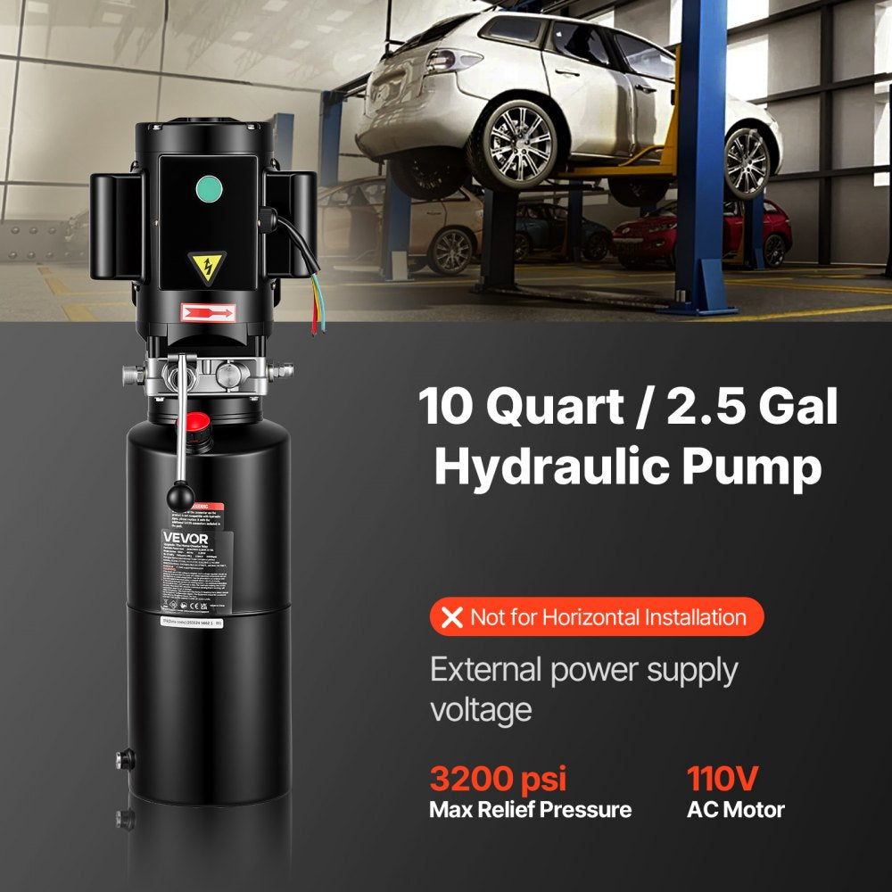 VEVOR 110V 10 Quart Hydraulic Power Unit, 2.2KW Automotive Hydraulic Pump for Dump Trailers, Auto Shop Car Lift Power Unit for Two and Four-Post Auto Hoists (Vertical Installation)