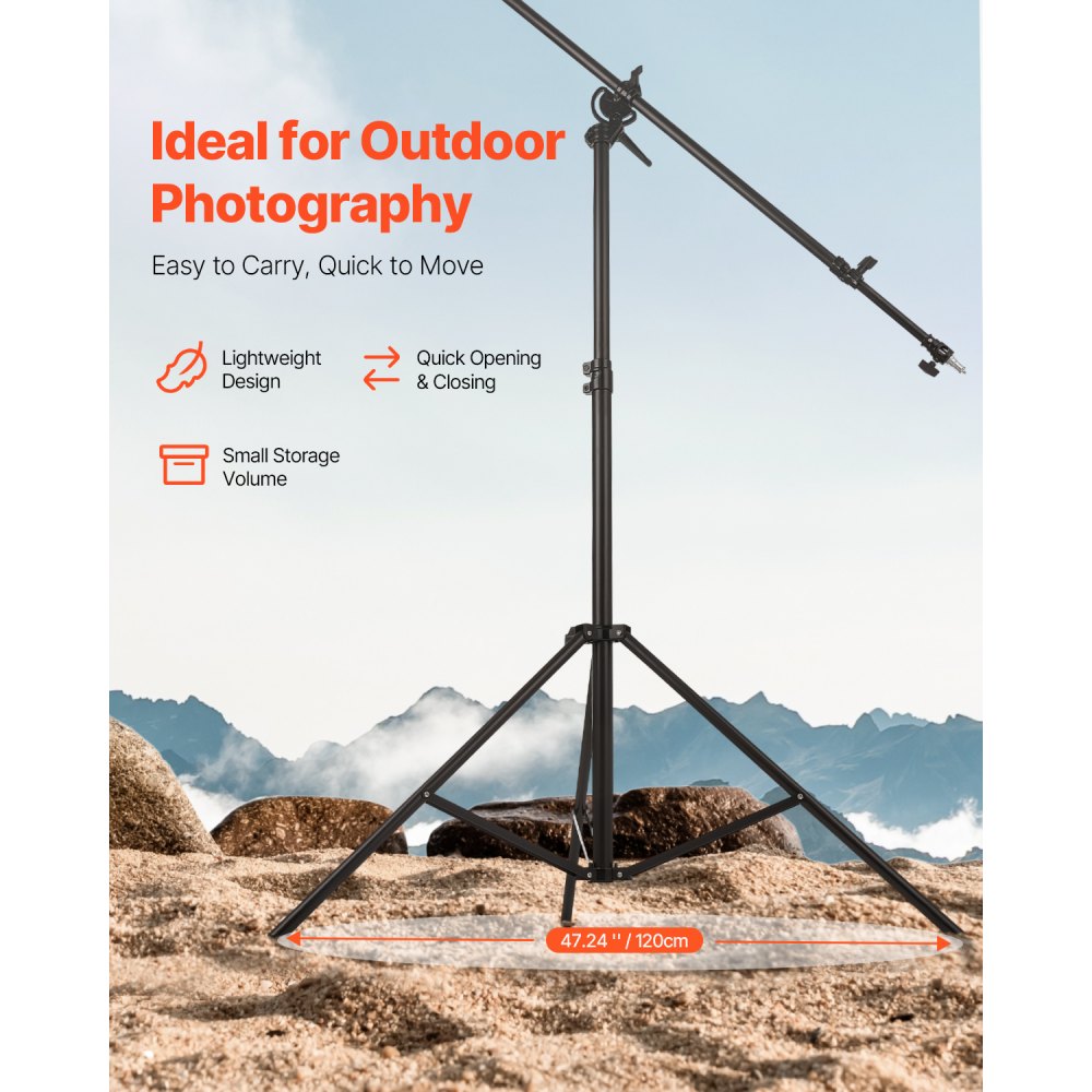 VEVOR Air Cushioned Aluminum Light Stand, Max Height 12.8 ft/390 cm, Adjustable Photography Stand with Boom Arm, Sandbag, Max Load 5kg, 1/4 in Screw for Softbox, Studio Flash, Umbrella, Ring Light