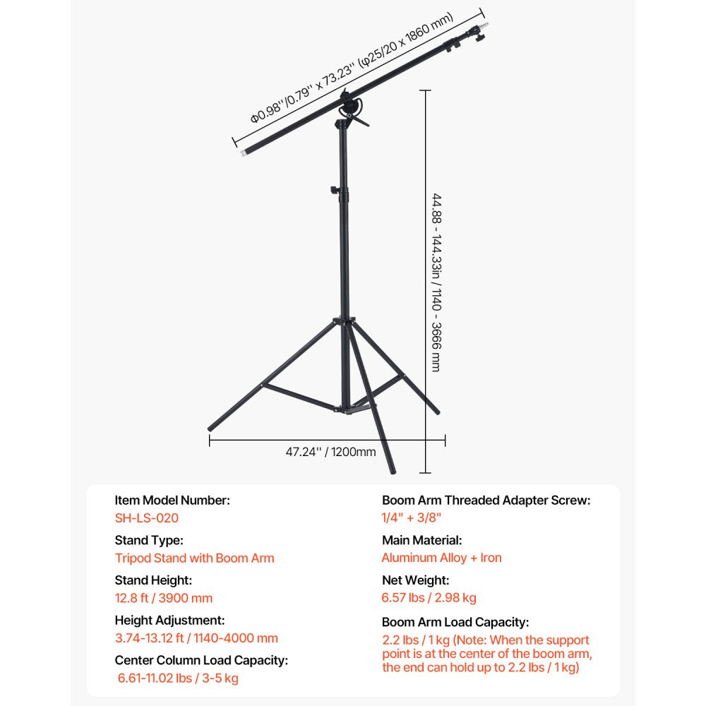 VEVOR Air Cushioned Aluminum Light Stand, Max Height 12.8 ft/390 cm, Adjustable Photography Stand with Boom Arm, Sandbag, Max Load 5kg, 1/4 in Screw for Softbox, Studio Flash, Umbrella, Ring Light