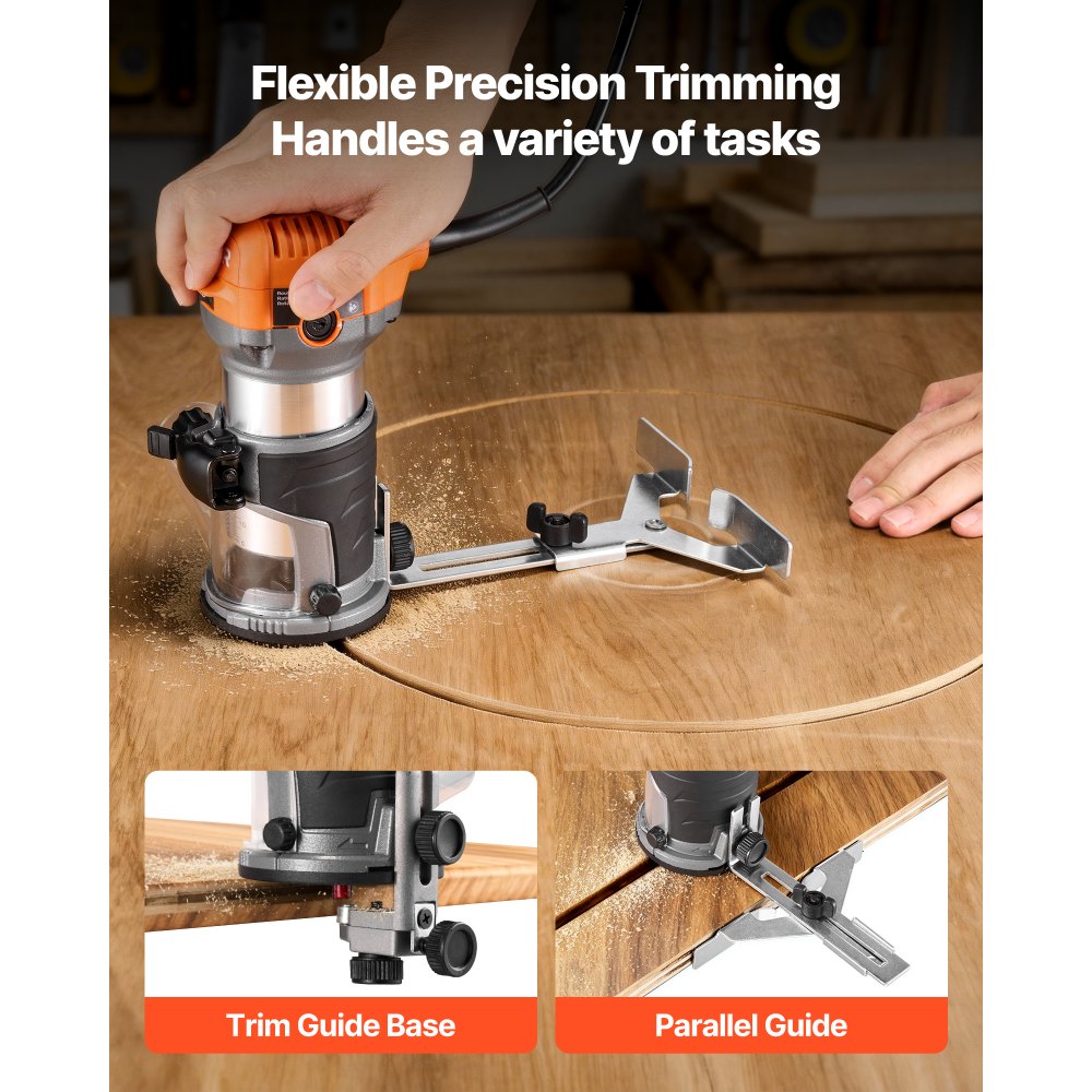 VEVOR Wood Router, 1 HP 710W, Variable Speed Palm Router Tool with 1/4 in Collet, Compact Edge Wood Trimmer with Fixed, Plunge & Tilt Base, Soft Start, for Woodworking, Trimming, DIY Projects, Corded