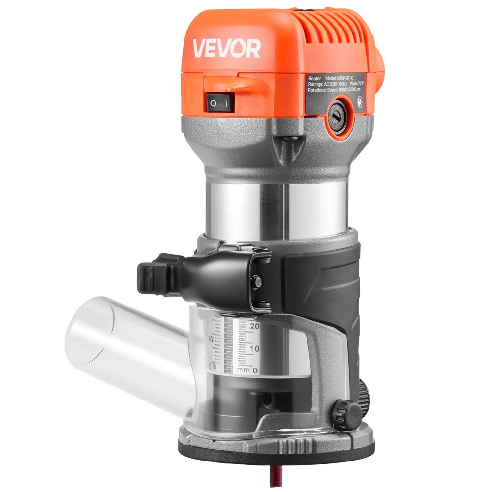 VEVOR Wood Router, 1 HP 710W, Variable Speed Palm Router Tool with 1/4 in Collet, Compact Edge Wood Trimmer with Fixed, Plunge & Tilt Base, Soft Start, for Woodworking, Trimming, DIY Projects, Corded