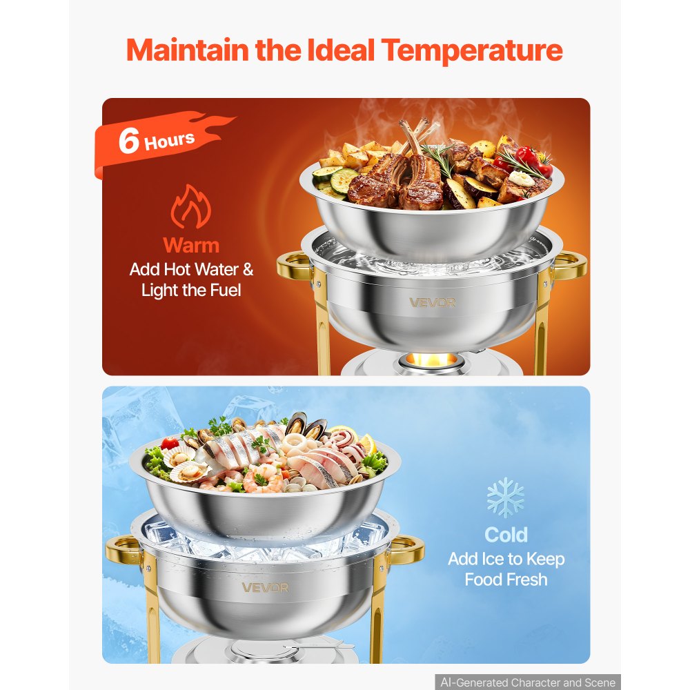 VEVOR 4 Packs Chafing Dishes for Buffet Set, 6QT Stainless Steel Chafer, for Banquet Party Wedding Catering Events, Round Stackable Buffet Servers and Warmers, with 4 Pots and Fuel Holder