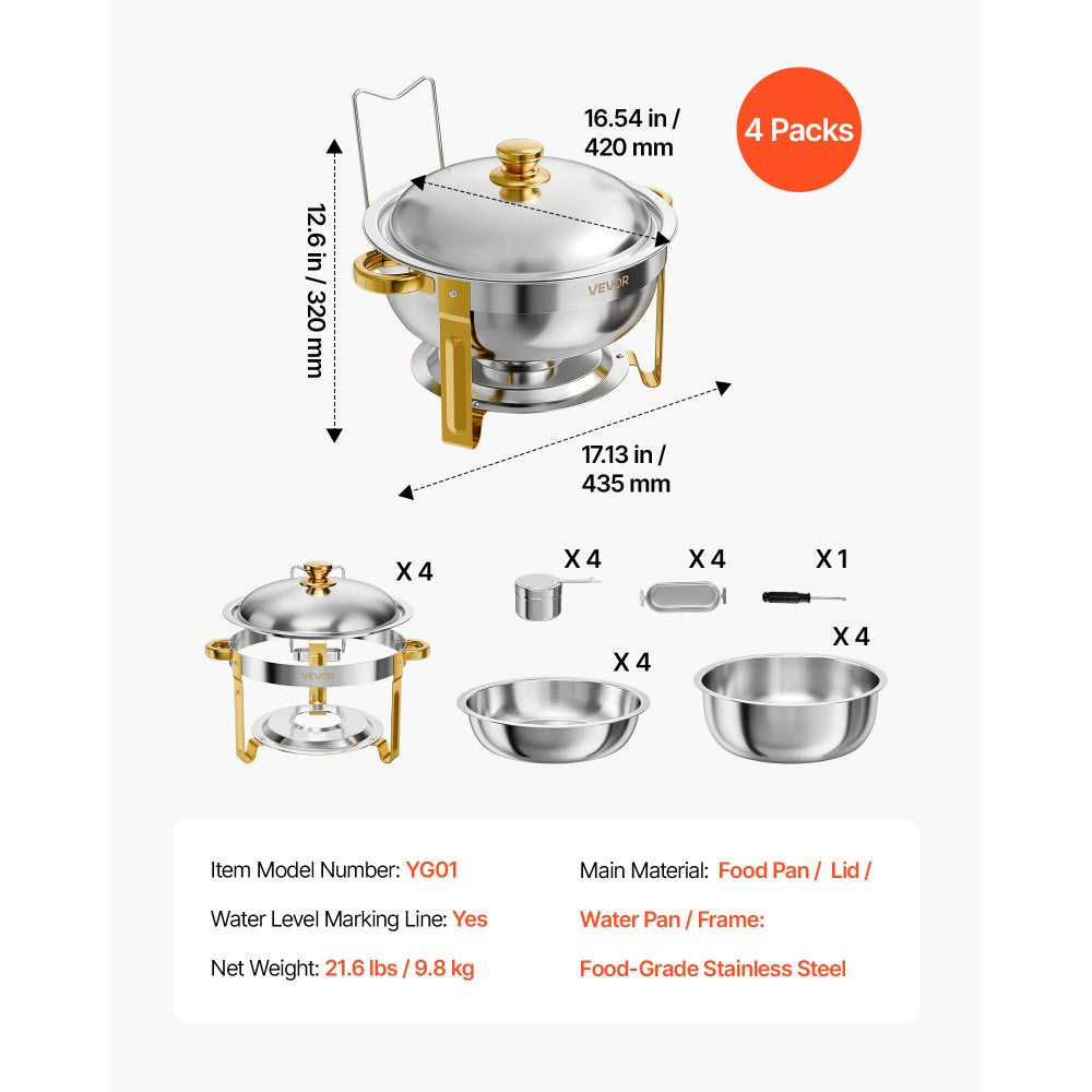 VEVOR 4 Packs Chafing Dishes for Buffet Set, 6QT Stainless Steel Chafer, for Banquet Party Wedding Catering Events, Round Stackable Buffet Servers and Warmers, with 4 Pots and Fuel Holder