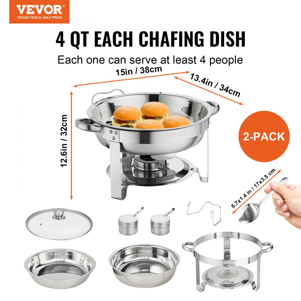 VEVOR Chafing Dish Buffet Set, 4 Qt 2 Pack, Stainless Steel Chafer with 2 Full Size Pans, Round Catering Warmer Server with Vented Glass Lid Water Pan Stand Fuel Holder Hook Spoon, at Least 4 People E