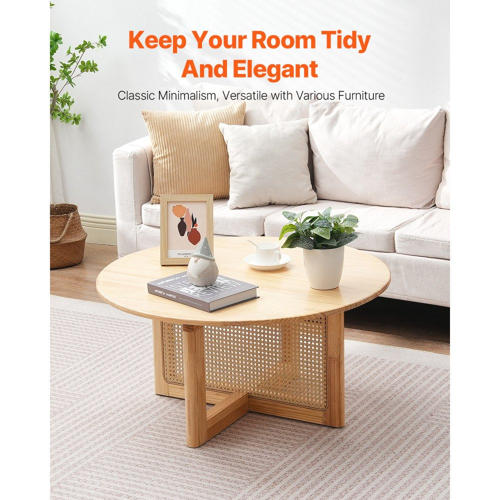 VEVOR Rattan Coffee Table, Round Rattan Woven Wood Coffee Table with Rubber Wood Top, 33 in Modern Boho Circular Storage Coffee Table with Natural Wood Legs, for Living Room, Bedroom & Small Spaces