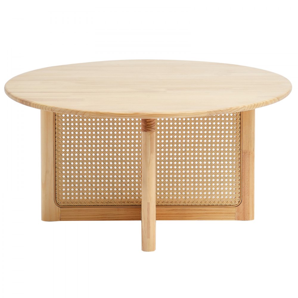 VEVOR Rattan Coffee Table, Round Rattan Woven Wood Coffee Table with Rubber Wood Top, 33 in Modern Boho Circular Storage Coffee Table with Natural Wood Legs, for Living Room, Bedroom & Small Spaces