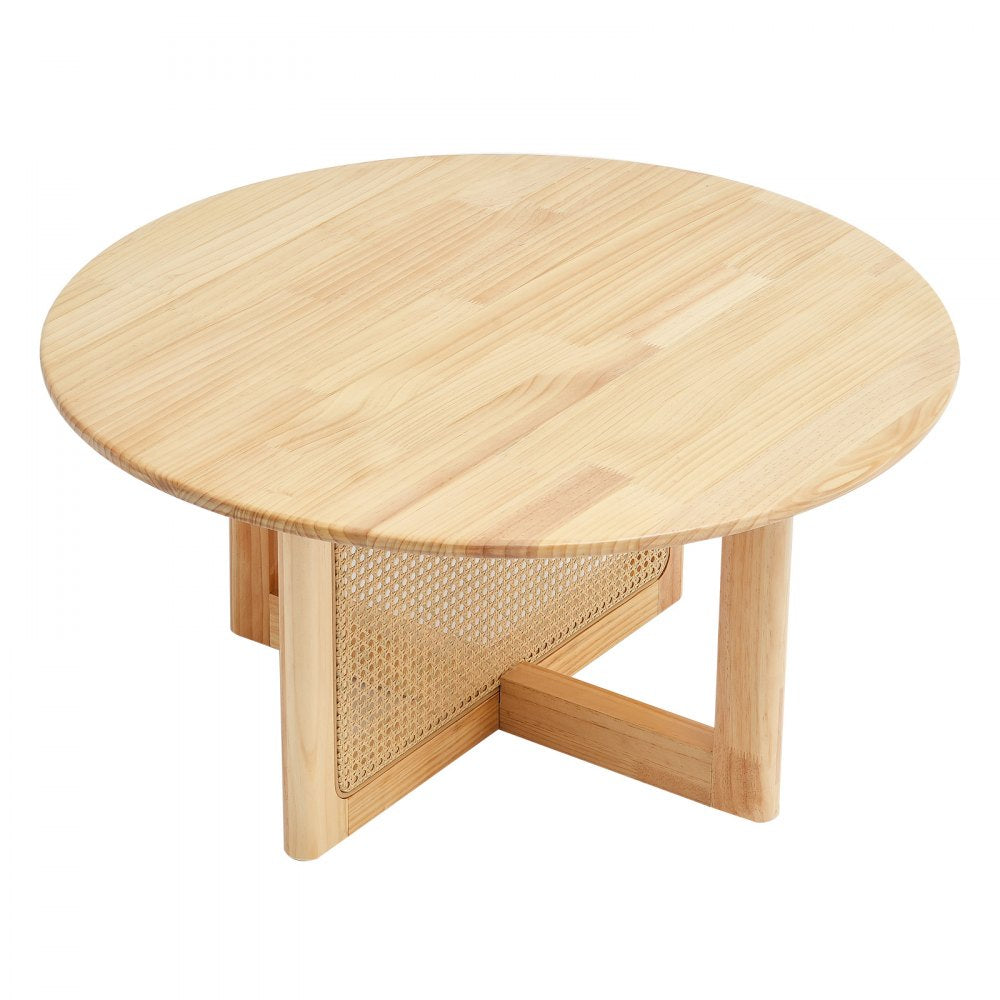 VEVOR Rattan Coffee Table, Round Rattan Woven Wood Coffee Table with Rubber Wood Top, 33 in Modern Boho Circular Storage Coffee Table with Natural Wood Legs, for Living Room, Bedroom & Small Spaces