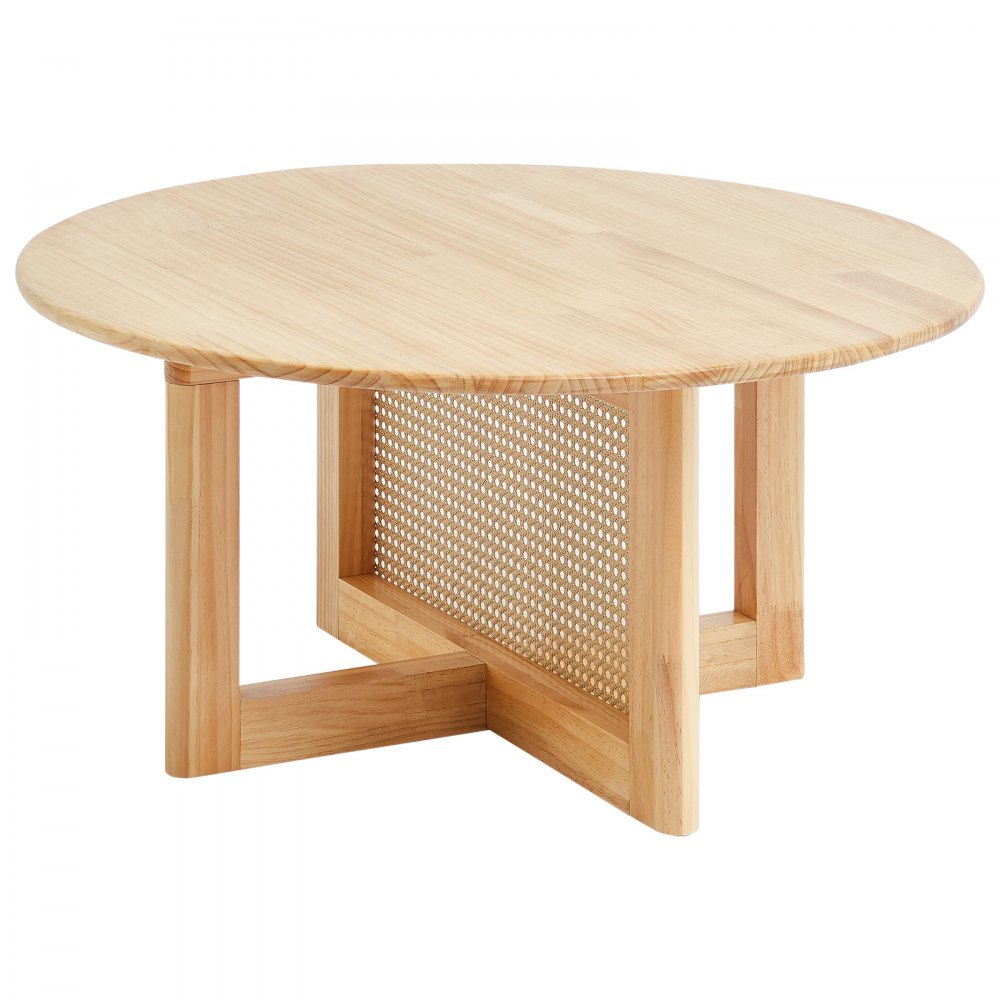 VEVOR Rattan Coffee Table, Round Rattan Woven Wood Coffee Table with Rubber Wood Top, 33 in Modern Boho Circular Storage Coffee Table with Natural Wood Legs, for Living Room, Bedroom & Small Spaces
