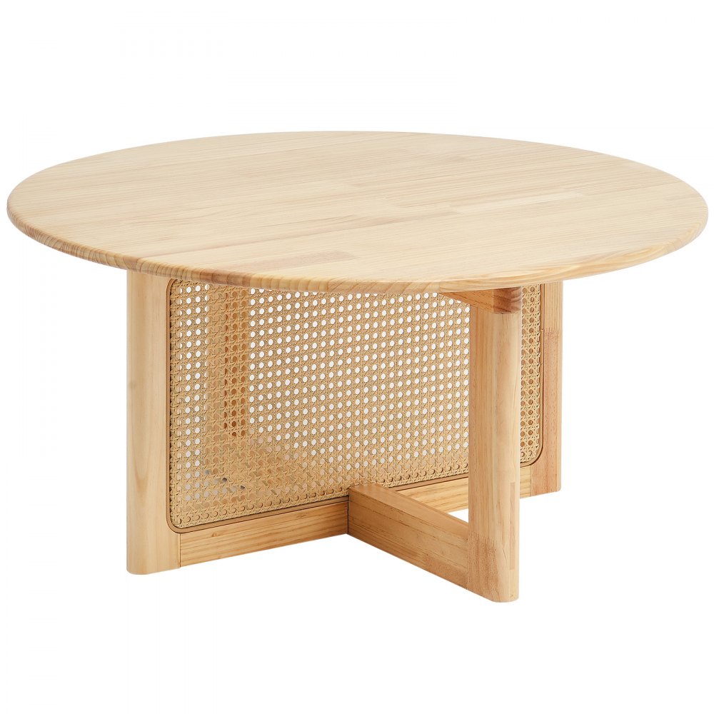 VEVOR Rattan Coffee Table, Round Rattan Woven Wood Coffee Table with Rubber Wood Top, 33 in Modern Boho Circular Storage Coffee Table with Natural Wood Legs, for Living Room, Bedroom & Small Spaces