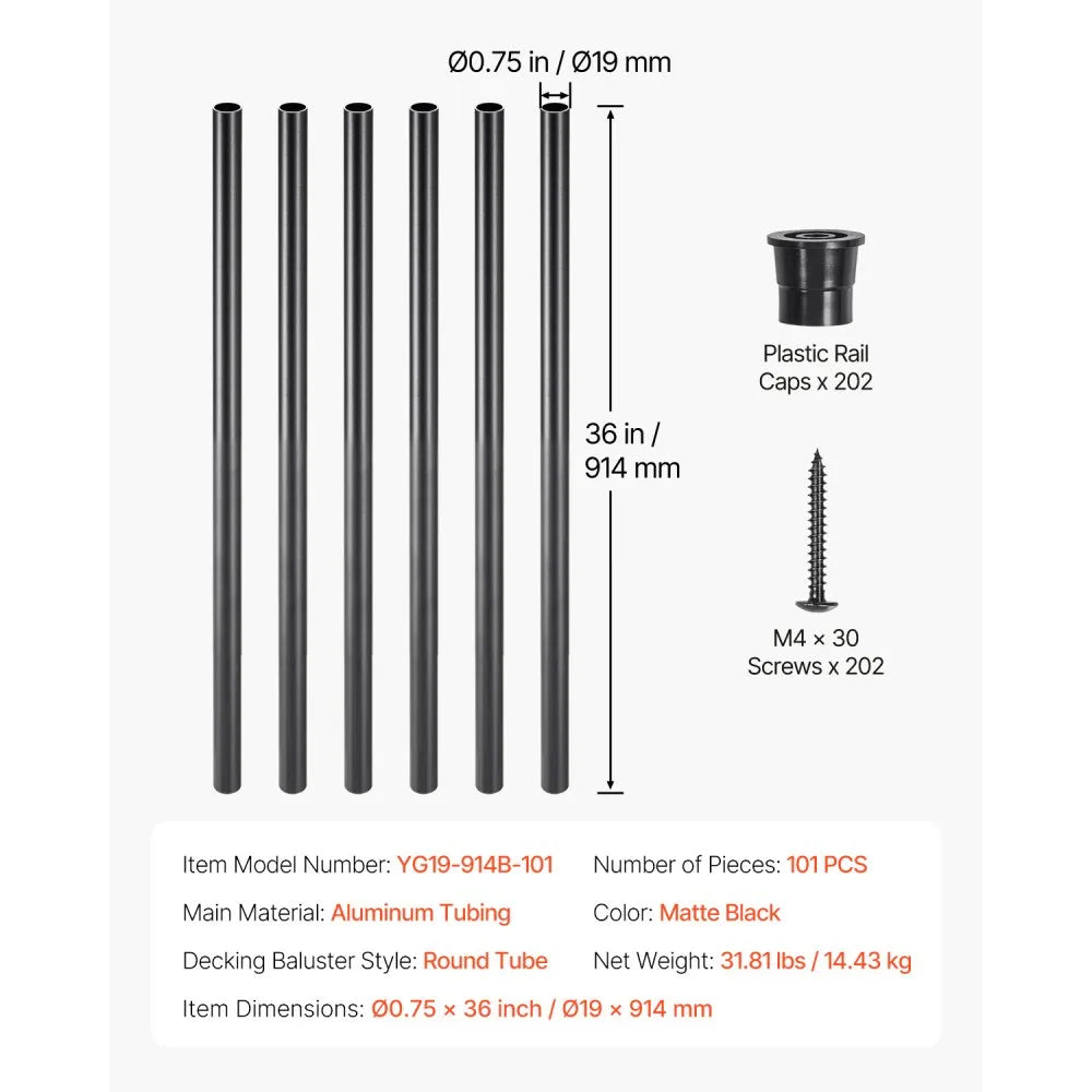 VEVOR Staircase Balusters 101 Pack, 36 In Aluminum Stair Balusters, 3/4 Inch Water-Proof Round Metal Spindle Railing, Hollow Deck Railing with Rail Caps & Screws for Stairs, Porch, Patio, Matte Black