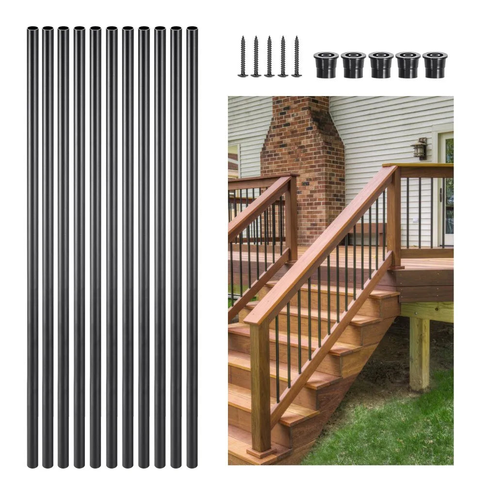 VEVOR Staircase Balusters 101 Pack, 36 In Aluminum Stair Balusters, 3/4 Inch Water-Proof Round Metal Spindle Railing, Hollow Deck Railing with Rail Caps & Screws for Stairs, Porch, Patio, Matte Black