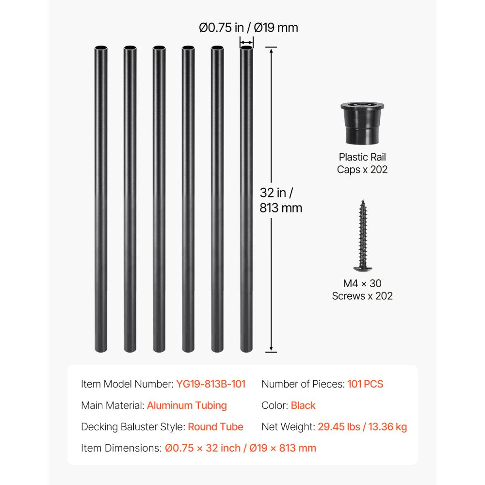 VEVOR Staircase Balusters 101 Pack, 32 In Aluminum Stair Balusters, 3/4 In Water-Proof Round Metal Spindle Railing, Hollow Deck Railing with Rail Caps & Screws for Stairs, Porch, Patio, Fence, Black