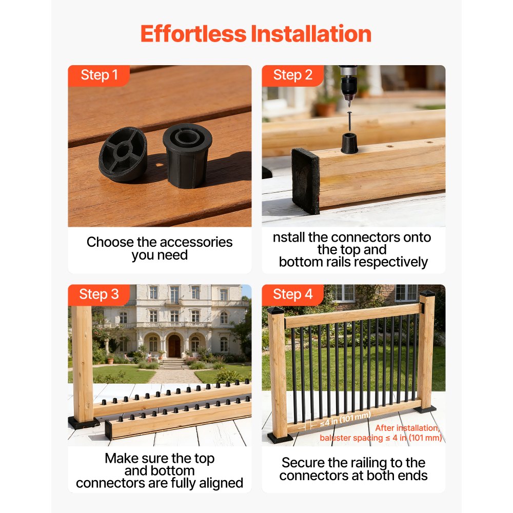 VEVOR 125 Pack Deck Balusters, 26 in Aluminum Railing Spindles, 3/4 in Diameter Hollow Round Metal Decking Stair Balusters with Connectors, Screws, for Deck, Porch & Staircase Railing Fence, Black