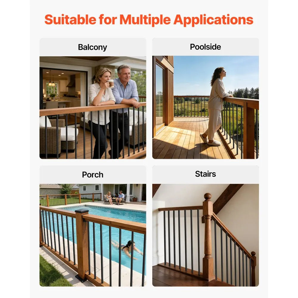 VEVOR 125 Pack Deck Balusters, 36 in Aluminum Railing Spindles, 3/4 in Diameter Hollow Round Metal Decking Stair Balusters with Connectors, Screws, for Deck, Porch & Staircase Railing Fence, Black