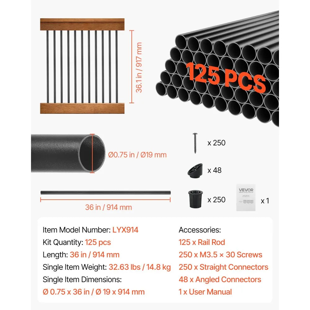 VEVOR 125 Pack Deck Balusters, 36 in Aluminum Railing Spindles, 3/4 in Diameter Hollow Round Metal Decking Stair Balusters with Connectors, Screws, for Deck, Porch & Staircase Railing Fence, Black