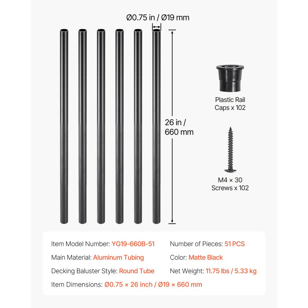 VEVOR Staircase Balusters 51 Pack, 26 In Aluminum Stair Balusters, 3/4 In Water-Proof Round Metal Spindle Railing, Hollow Deck Railing with Rail Caps & Screws for Stairs, Porch, Patio, Fence, Black