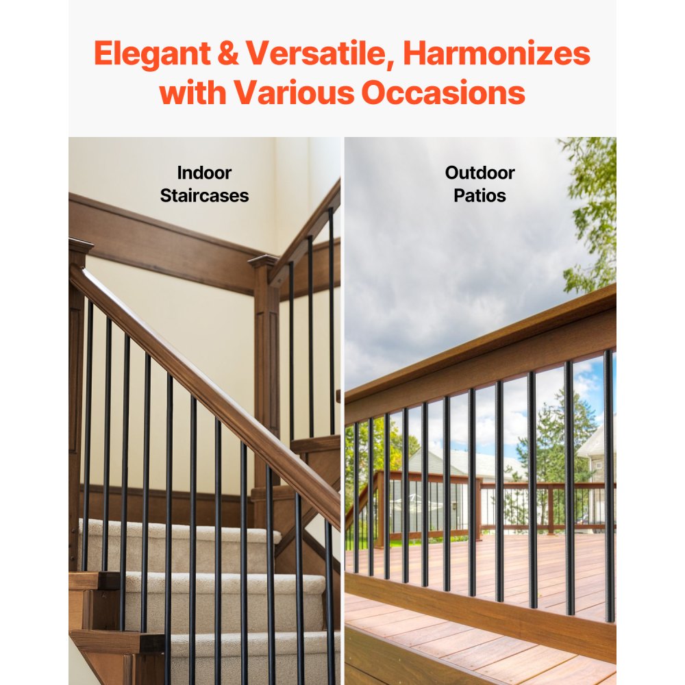 VEVOR Staircase Balusters 51 Pack, 32 In Aluminum Stair Balusters, 3/4 Inch Water-Proof Round Metal Spindle Railing, Hollow Deck Railing with Rail Caps & Screws for Stairs, Porch, Patio, Matte Black