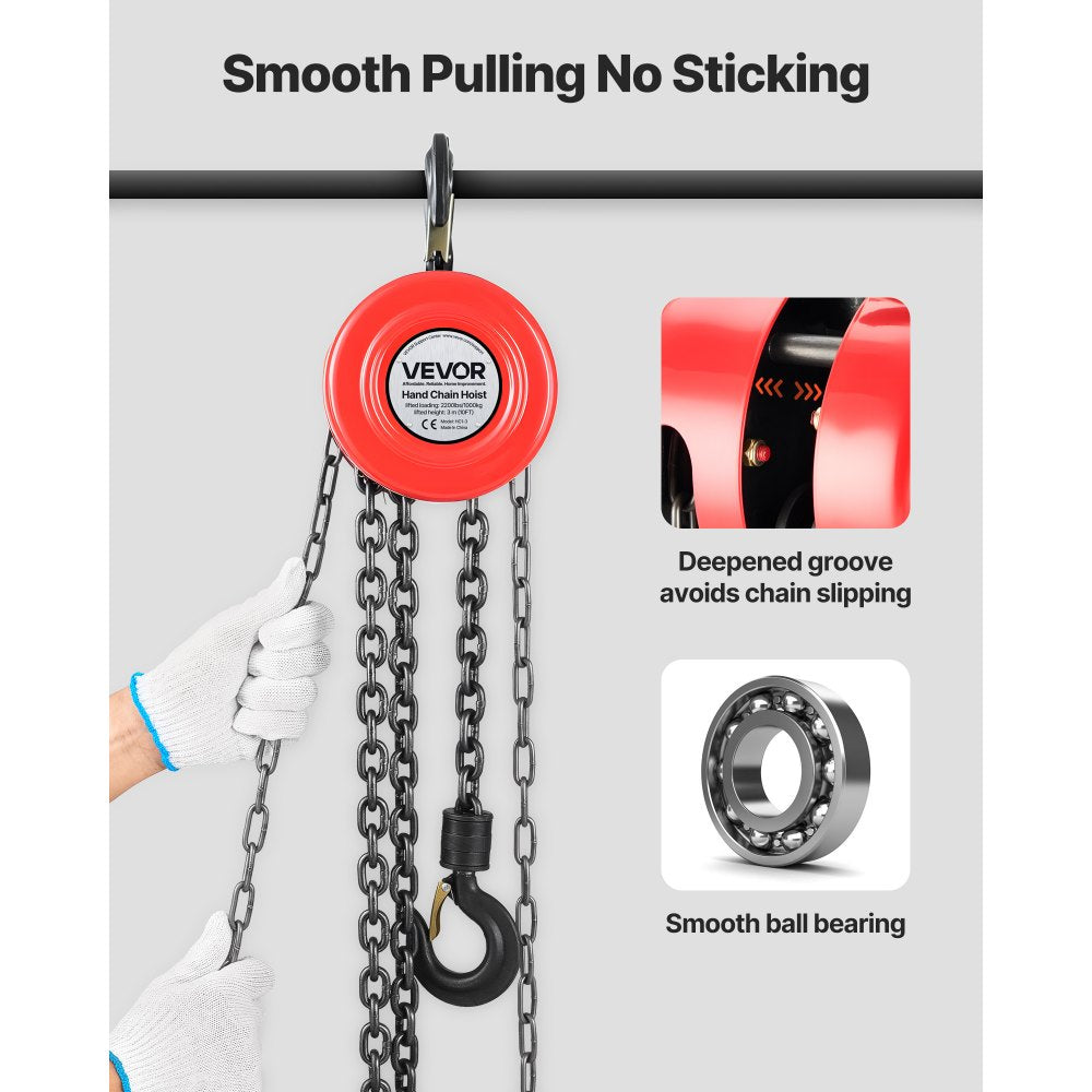 VEVOR Hand Chain Hoist, 1 Ton 2200 lbs Capacity, Manual Chain Block with Upgrade G70 Galvanized Chain, 10 ft Lifting Height, Heavy Duty Pulley Hoist for Garage Warehouse Automotive Machinery, Red