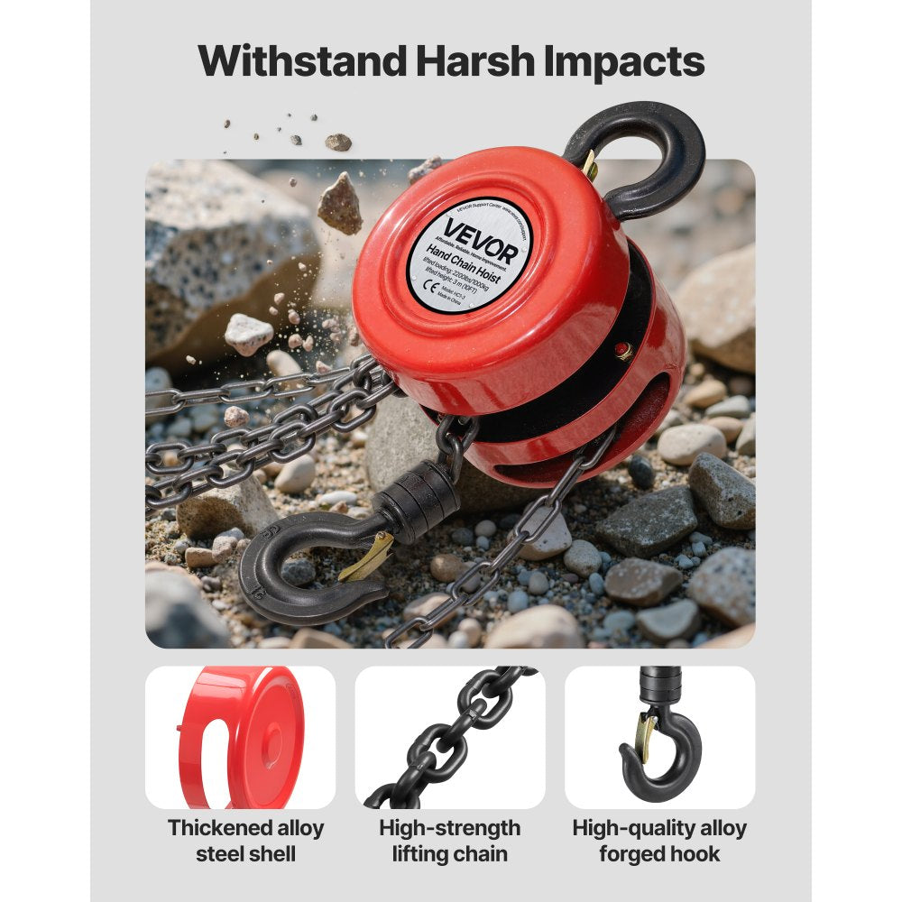 VEVOR Hand Chain Hoist, 1 Ton 2200 lbs Capacity, Manual Chain Block with Upgrade G70 Galvanized Chain, 10 ft Lifting Height, Heavy Duty Pulley Hoist for Garage Warehouse Automotive Machinery, Red
