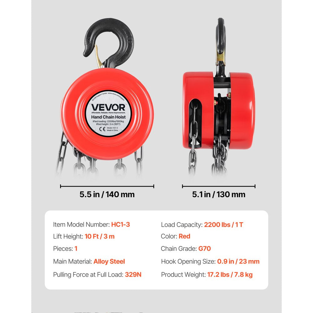 VEVOR Hand Chain Hoist, 1 Ton 2200 lbs Capacity, Manual Chain Block with Upgrade G70 Galvanized Chain, 10 ft Lifting Height, Heavy Duty Pulley Hoist for Garage Warehouse Automotive Machinery, Red