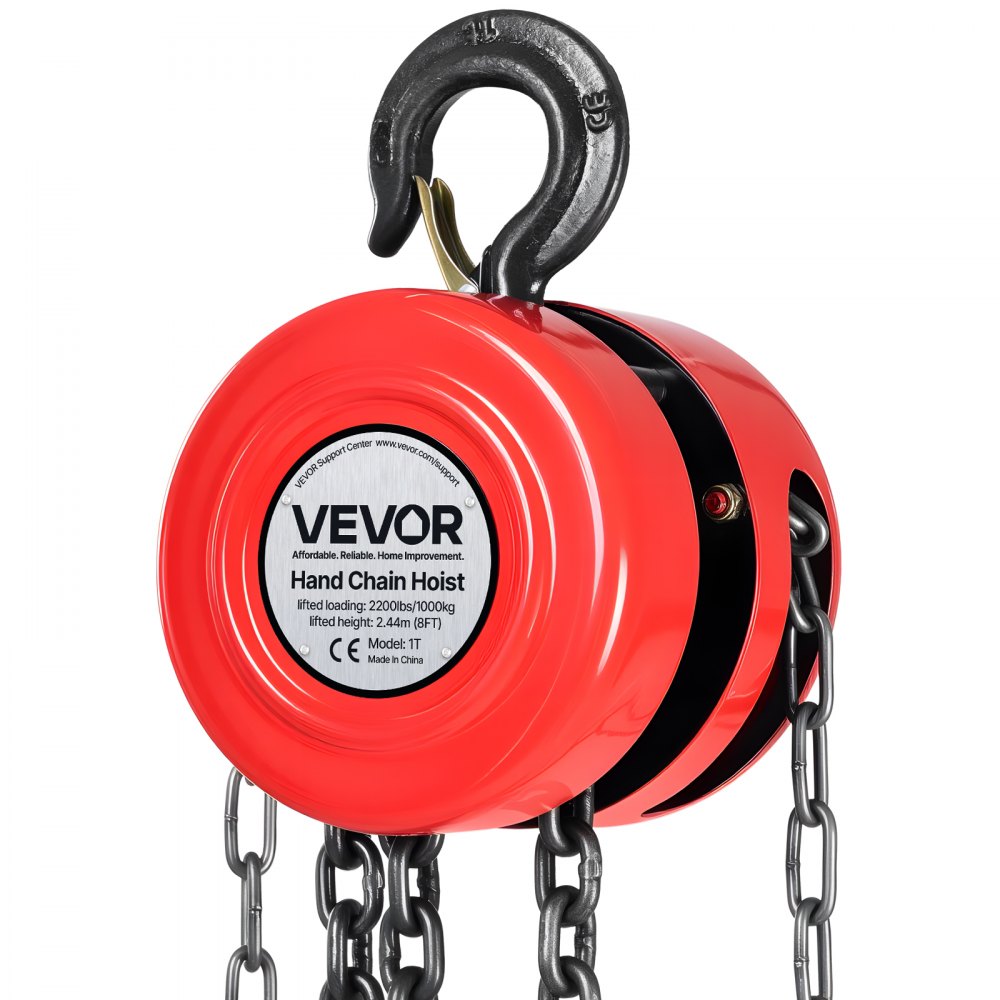 VEVOR Hand Chain Hoist, 1 Ton 2200 lbs Capacity, Manual Chain Block with Upgrade G70 Galvanized Chain, 8 ft Lifting Height, Heavy Duty Pulley Hoist for Garage Warehouse Automotive Machinery, Red