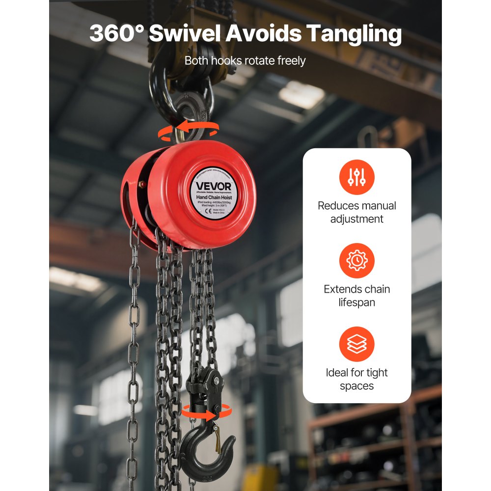 VEVOR Hand Chain Hoist, 2 Ton 4400 lbs Capacity, Manual Chain Block with Upgrade G70 Galvanized Chain, 10 ft Lifting Height, Heavy Duty Pulley Hoist for Garage Warehouse Automotive Machinery, Red