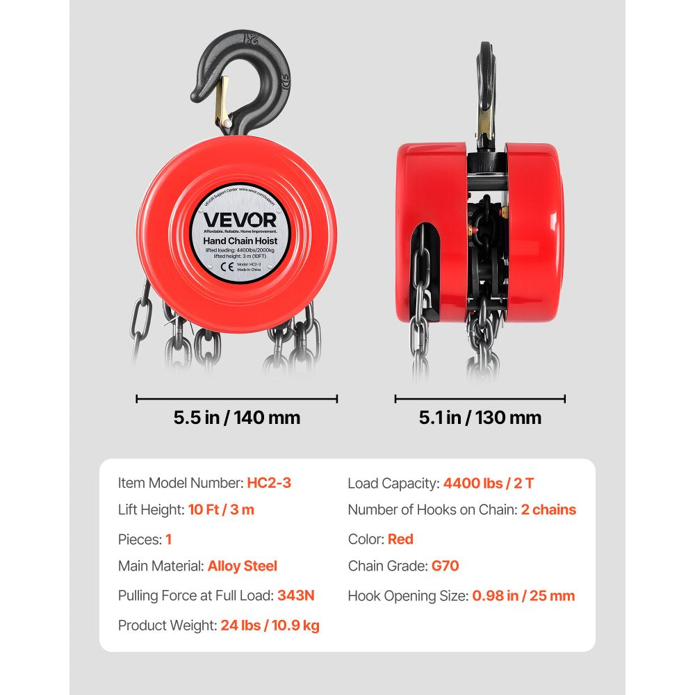 VEVOR Hand Chain Hoist, 2 Ton 4400 lbs Capacity, Manual Chain Block with Upgrade G70 Galvanized Chain, 10 ft Lifting Height, Heavy Duty Pulley Hoist for Garage Warehouse Automotive Machinery, Red