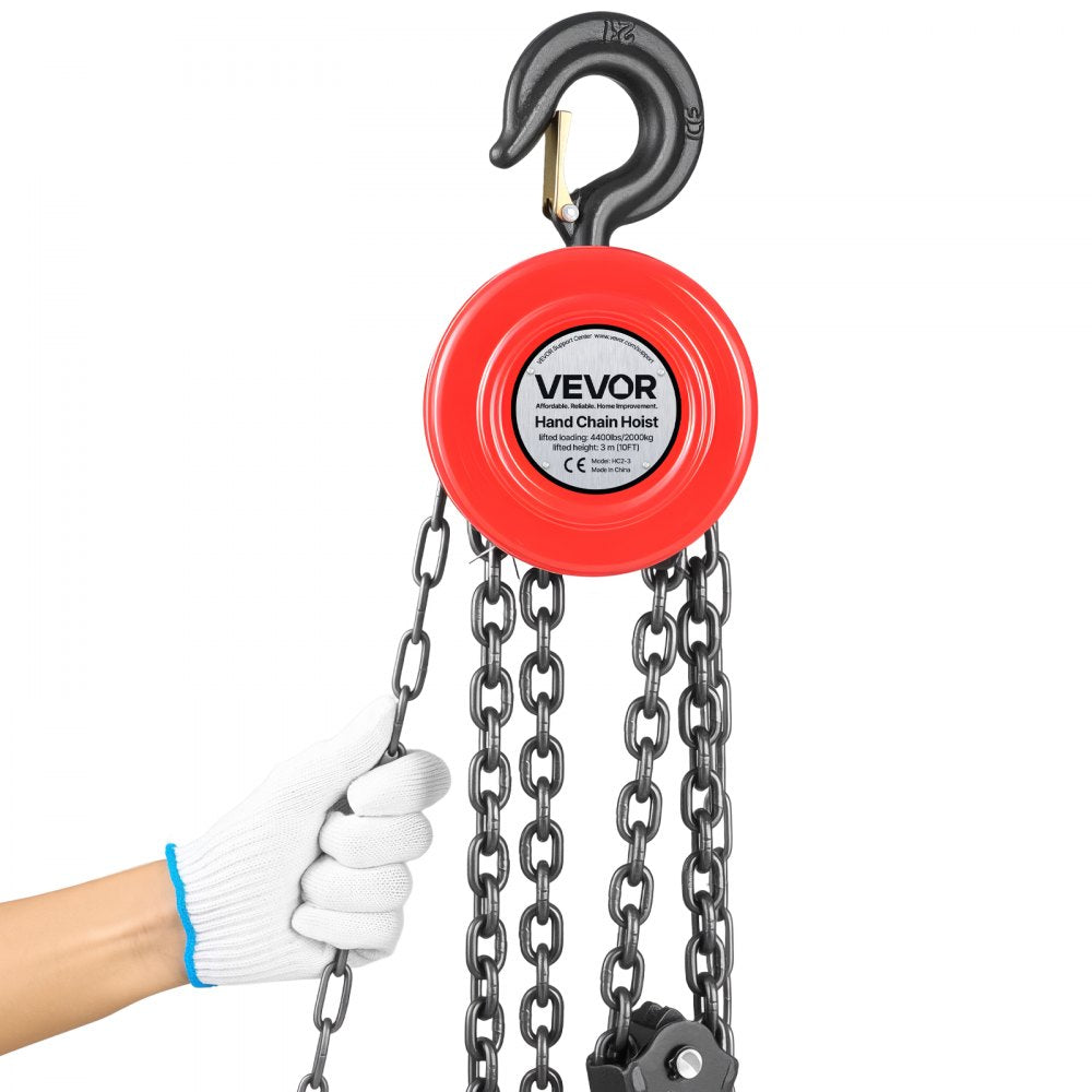 VEVOR Hand Chain Hoist, 2 Ton 4400 lbs Capacity, Manual Chain Block with Upgrade G70 Galvanized Chain, 10 ft Lifting Height, Heavy Duty Pulley Hoist for Garage Warehouse Automotive Machinery, Red