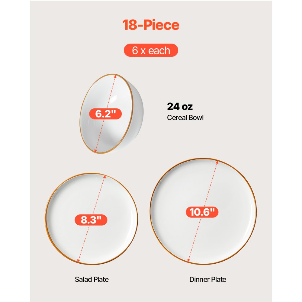 VEVOR Dinnerware Set, Service for 6 (18 PCS), Round Plates and Bowls Sets, Scratch Resistant Ceramic Dinner Ware, Dishwasher and Microwave Suitable Kitchen Dish, for Dessert Salad Soup Pasta, White