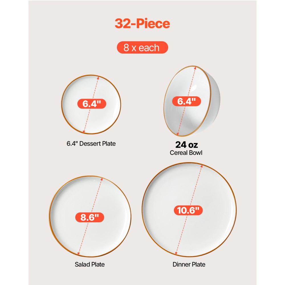 VEVOR Dinnerware Set, Service for 8 (32 PCS), Round Plates and Bowls Sets, Scratch Resistant Ceramic Dinner Ware, Dishwasher and Microwave Suitable Kitchen Dish, for Dessert Salad Soup Pasta, White