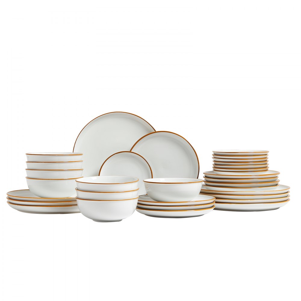 VEVOR Dinnerware Set, Service for 8 (32 PCS), Round Plates and Bowls Sets, Scratch Resistant Ceramic Dinner Ware, Dishwasher and Microwave Suitable Kitchen Dish, for Dessert Salad Soup Pasta, White