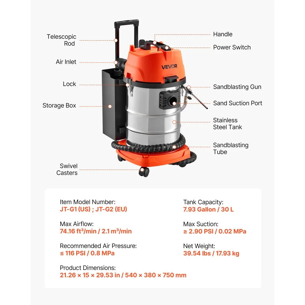 VEVOR Walnut Blaster Kit for Carbon Cleaning, 1200W Sand Blaster with Built-in Vacuum, Extension Nozzle Sandblaster Gun, and 5.5lbs Walnut Shell for Engine Intake Valve Cleaning - 30L