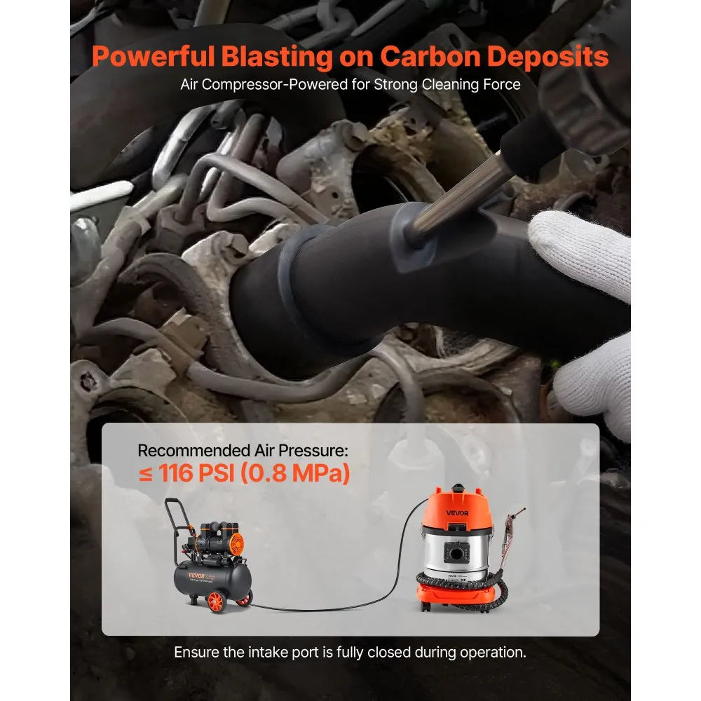 VEVOR Walnut Blaster Kit for Carbon Cleaning, 1200W Sand Blaster with Built-in Vacuum, Extension Nozzle Sandblaster Gun, and 5.5lbs Walnut Shell for Engine Intake Valve Cleaning - 13L