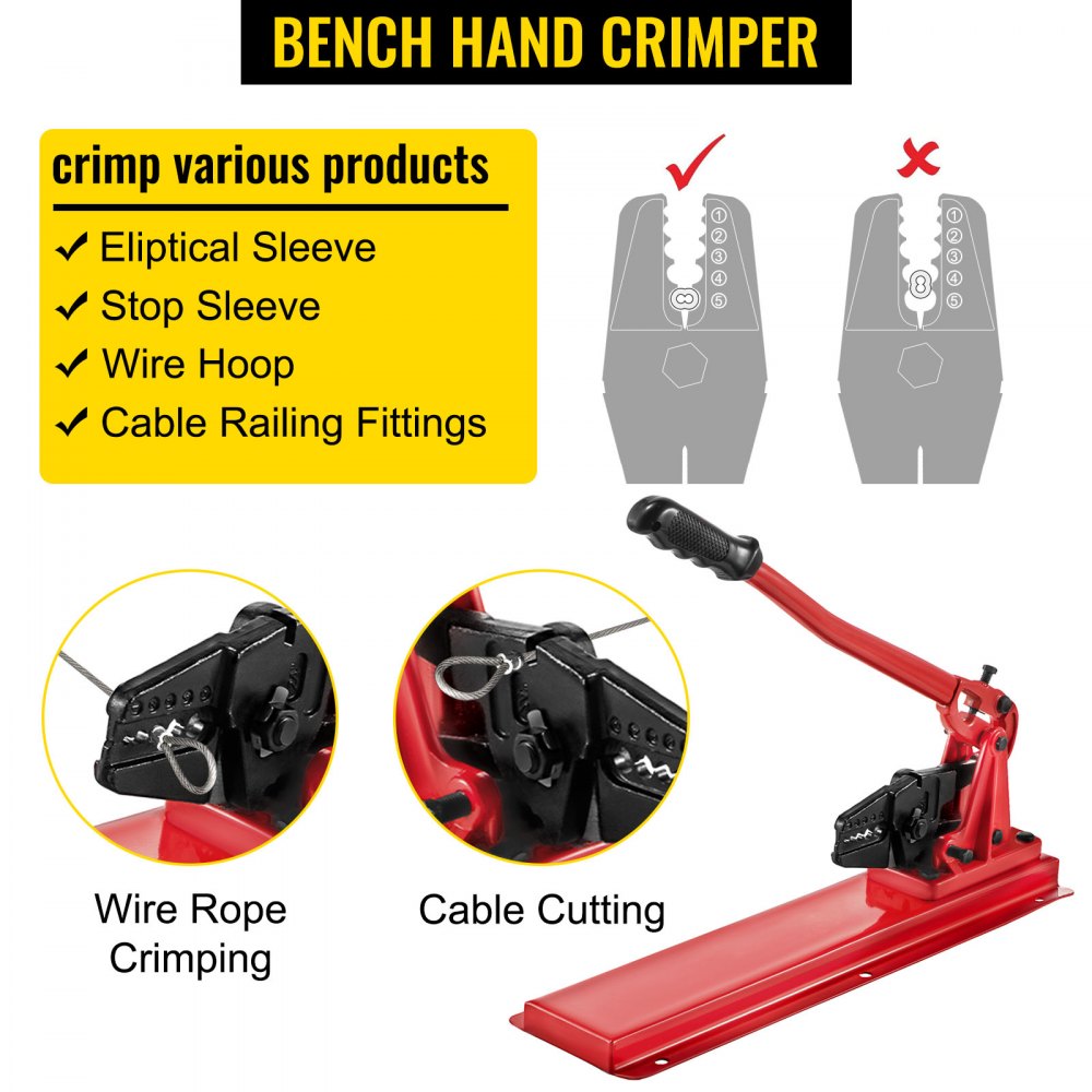 VEVOR Bench Swager Tool 24\" Wire Rope Swaging Tool with Crimper Cable Bolt Cutter Head Bench Crimper 1/16\"-3/16\" Aluminum/Copper Sleeves Bench Cable Alloy Steel Crimper Swager for1/2\" Wire Rope Fe