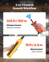 Wireless 328 ft and wired 16 ft remote control (infographic)