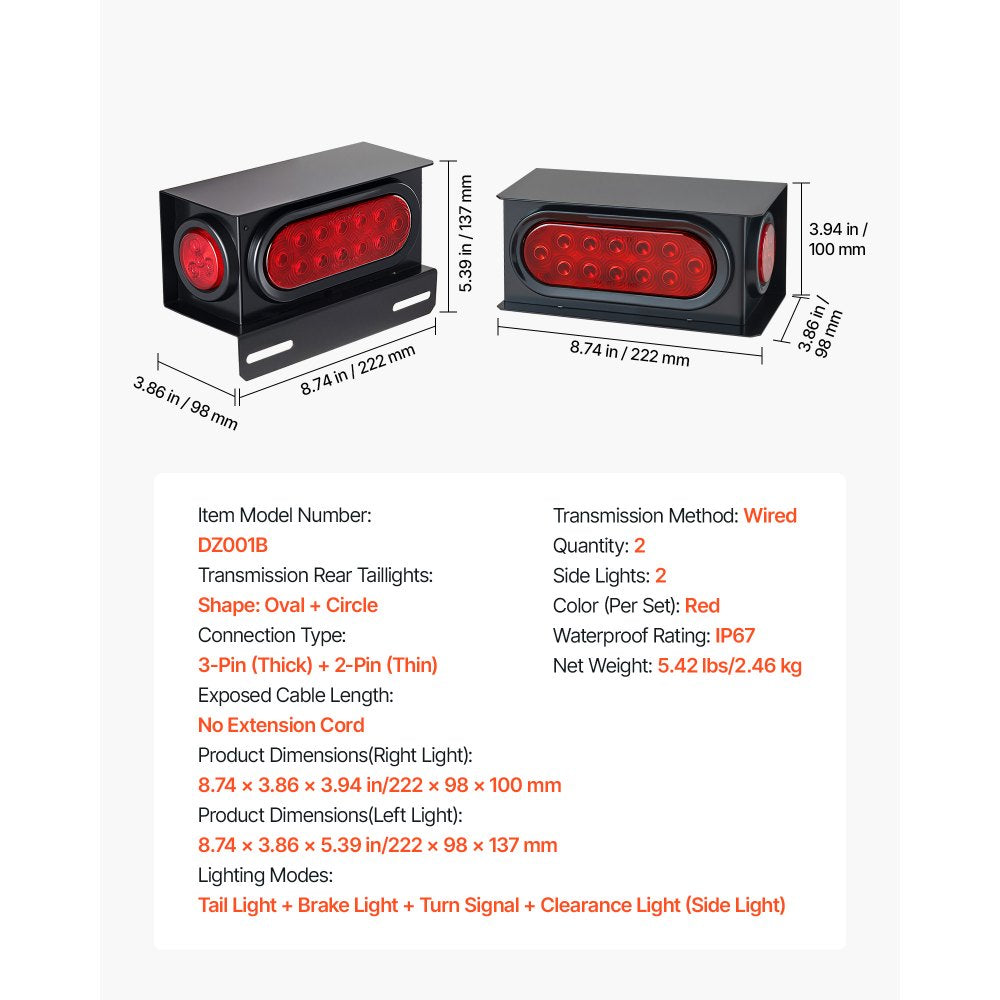 VEVOR Trailer Lights, 10-30V LED Trailer Tail Lights Kit with Stop Brake Turn Tail Clearance (Side) Lamp, Left and Right Waterproof Tow Lighting Kit for Boat Truck Camper RV Snowmobile Bus Caravan