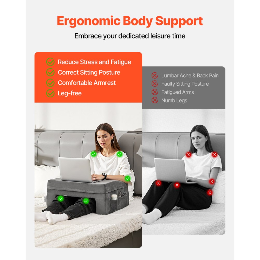 VEVOR Reading Pillow, Lap Desk Pillow with Washable Cloth, Large Bed Pillow with 2 Pockets and Cup Holder, Memory Foam Bed Rest for Reading, Gaming, Resting, Working, Grey
