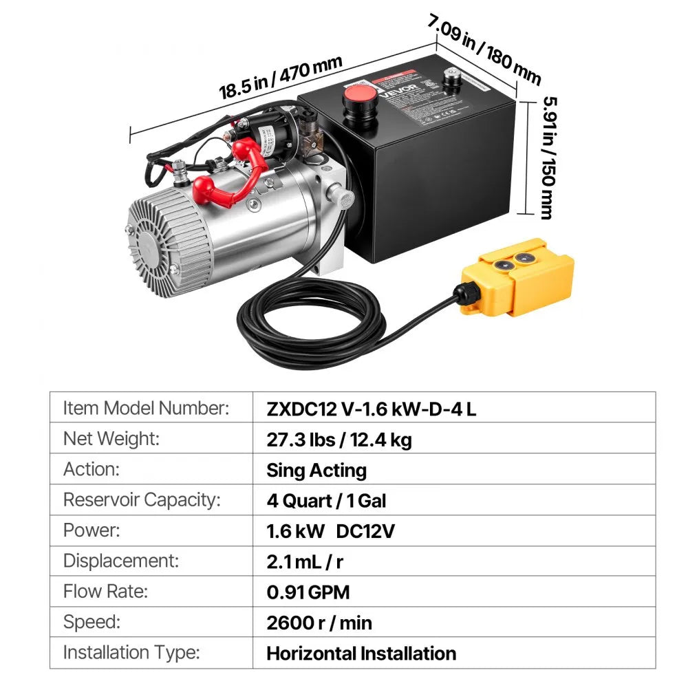 VEVOR 4 Quart Hydraulic Pump, Single Acting Hydraulic Power Unit, 3200 PSI Max Relief Pressure, 0.91 GPM Flow Rate, DC12V 1.6KW Power Unit for Dump Trailer Car Lifting (Horizontal Installation)