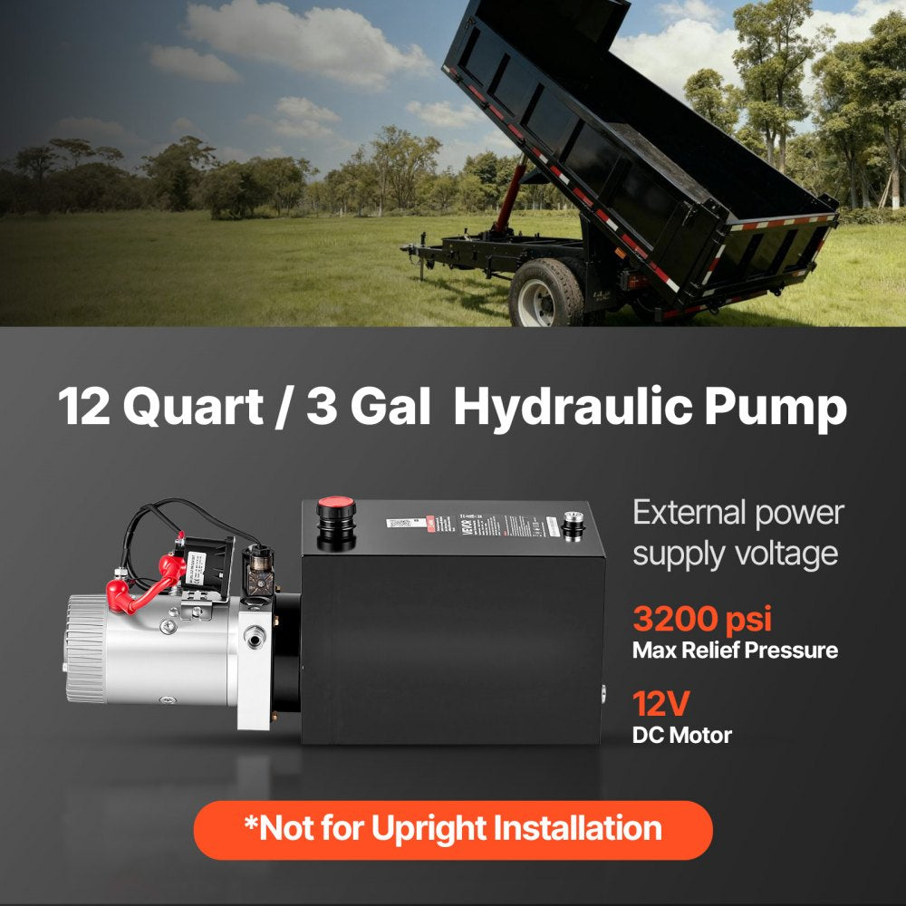 VEVOR 12 Quart Hydraulic Pump, Single Acting Hydraulic Power Unit, 3200 PSI Max Relief Pressure, 0.91 GPM Flow Rate, DC12V 1.6KW Power Unit for Dump Trailer Car Lifting (Horizontal Installation)