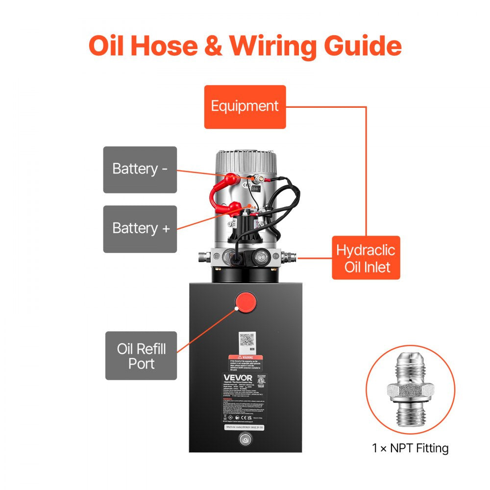 VEVOR 12 Quart Hydraulic Pump, Single Acting Hydraulic Power Unit, 3200 PSI Max Relief Pressure, 0.91 GPM Flow Rate, DC12V 1.6KW Power Unit for Dump Trailer Car Lifting (Horizontal Installation)