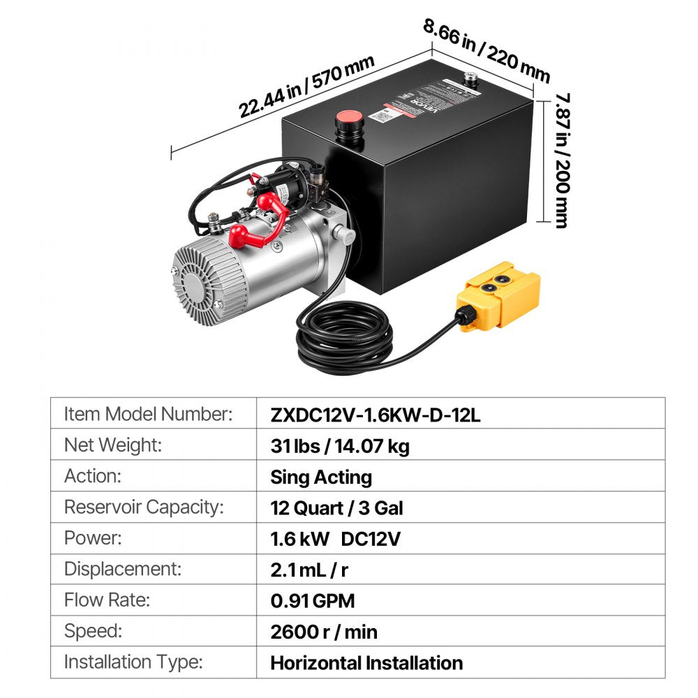 VEVOR 12 Quart Hydraulic Pump, Single Acting Hydraulic Power Unit, 3200 PSI Max Relief Pressure, 0.91 GPM Flow Rate, DC12V 1.6KW Power Unit for Dump Trailer Car Lifting (Horizontal Installation)