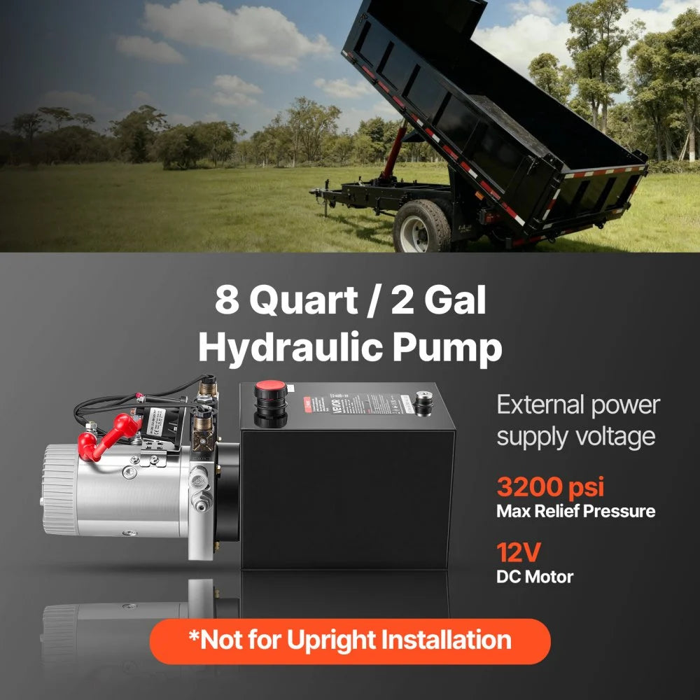 VEVOR 8 Quart Hydraulic Pump, Double Acting Dump Trailer Pump, 3200PSI Max Relief Pressure, 0.91 GPM Flow Rate, DC12V 1.6KW Hydraulic Power Unit for Dump Trailer Car Lifting (Horizontal Installation)