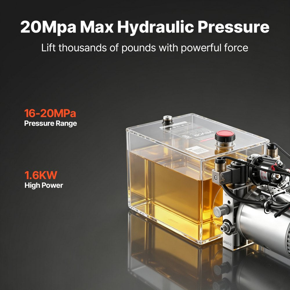 VEVOR 8 Quart Hydraulic Pump, Double Acting Dump Trailer Pump, 3200PSI Max Relief Pressure, 0.91 GPM Flow Rate, DC12V 1.6KW Hydraulic Power Unit for Dump Trailer Car Lifting (Horizontal Installation)