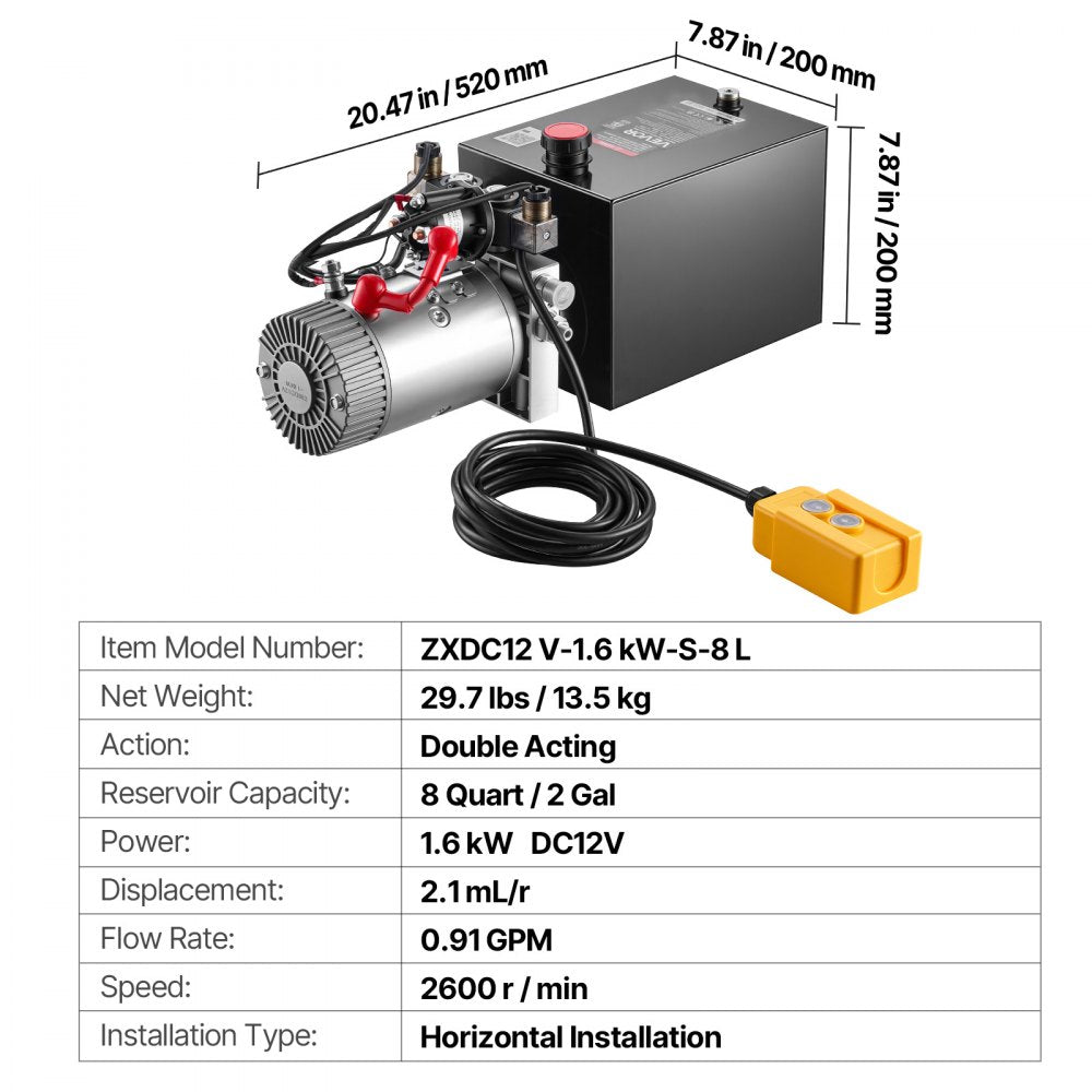 VEVOR 8 Quart Hydraulic Pump, Double Acting Dump Trailer Pump, 3200PSI Max Relief Pressure, 0.91 GPM Flow Rate, DC12V 1.6KW Hydraulic Power Unit for Dump Trailer Car Lifting (Horizontal Installation)
