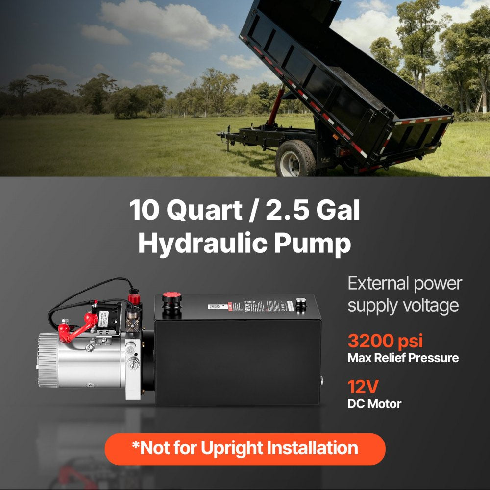 VEVOR 10 Quart Hydraulic Pump, Double Acting Hydraulic Trailer Pump, 3200PSI Max Relief Pressure, 0.91GPM Flow Rate, DC12V 1.6KW Power Unit for Dump Trailer Car Lifting (Horizontal Installation)