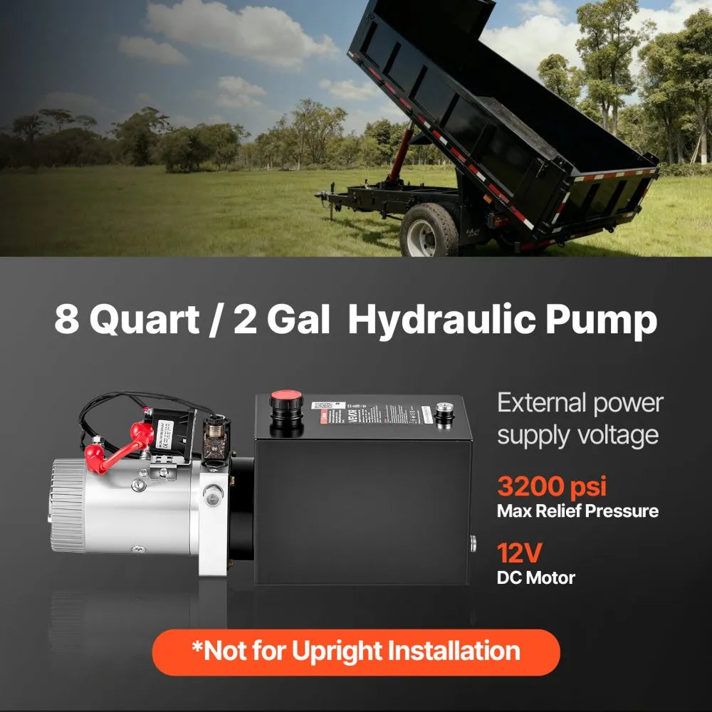 VEVOR 8 Quart Hydraulic Pump, Single Acting Hydraulic Power Unit, 3200 PSI Max Relief Pressure, 0.91 GPM Flow Rate, DC12V 1.6KW Power Unit for Dump Trailer Car Lifting (Horizontal Installation)