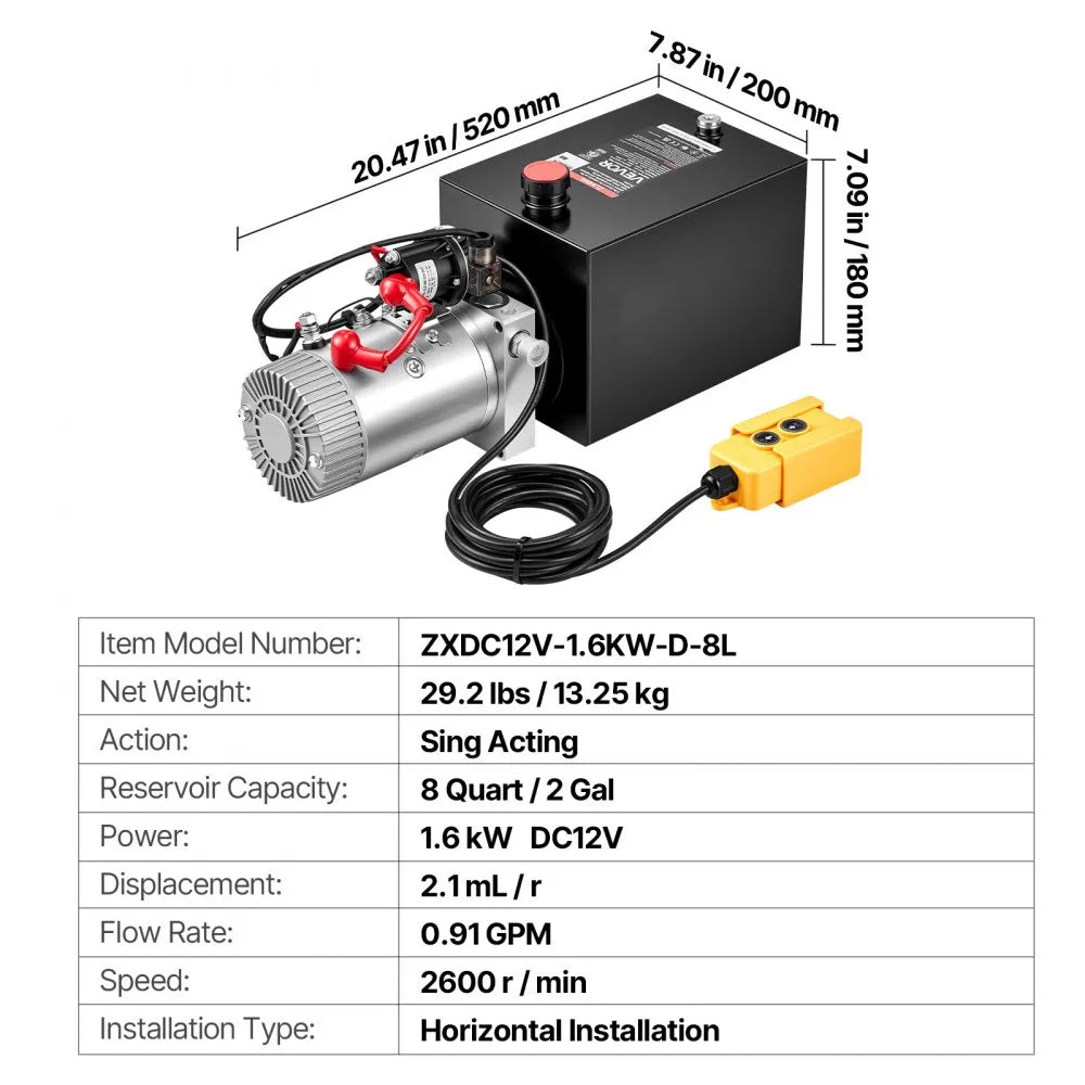 VEVOR 8 Quart Hydraulic Pump, Single Acting Hydraulic Power Unit, 3200 PSI Max Relief Pressure, 0.91 GPM Flow Rate, DC12V 1.6KW Power Unit for Dump Trailer Car Lifting (Horizontal Installation)