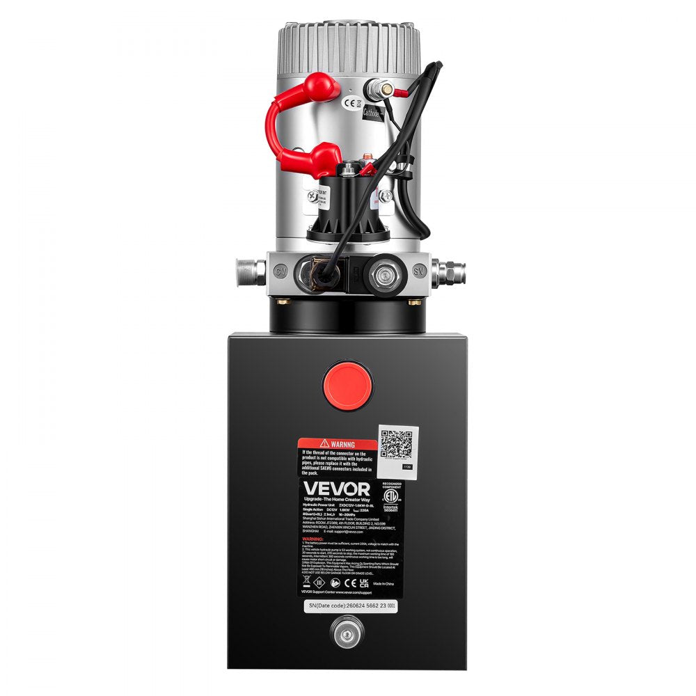 VEVOR 8 Quart Hydraulic Pump, Single Acting Hydraulic Power Unit, 3200 PSI Max Relief Pressure, 0.91 GPM Flow Rate, DC12V 1.6KW Power Unit for Dump Trailer Car Lifting (Horizontal Installation)